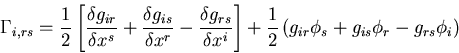 \begin{displaymath}
\Gamma_{i,rs} = {1\over 2}\left[{{\delta g_{ir}}\over {\delt...
 ...er 2} \left({g_{ir}\phi_s + g_{is}\phi_r - g_{rs}\phi_i}\right)\end{displaymath}