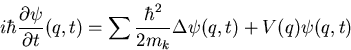 \begin{displaymath}
i \hbar {{\partial \psi} \over {\partial t}}(q,t) = 
 \sum{{\hbar^2} \over {2m_k}} \Delta \psi(q,t) + V(q)\psi(q,t)\end{displaymath}